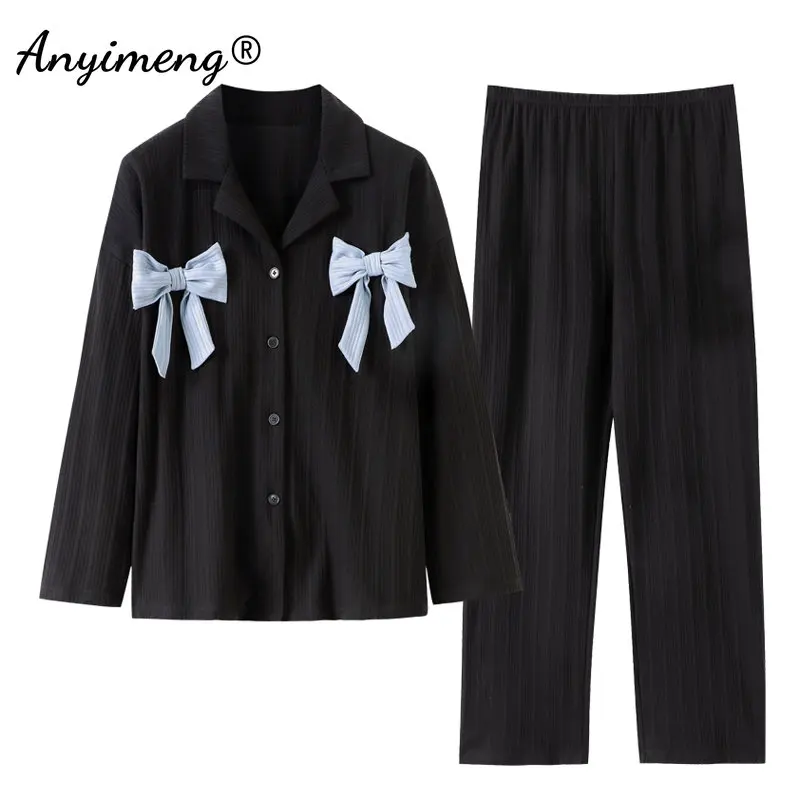 

New Autmun Winter Women Pajamas Bow Ornament Sleepwear Korean Black Nightwear Soft Cotton Loose Size Fashion Cardigan Pajama