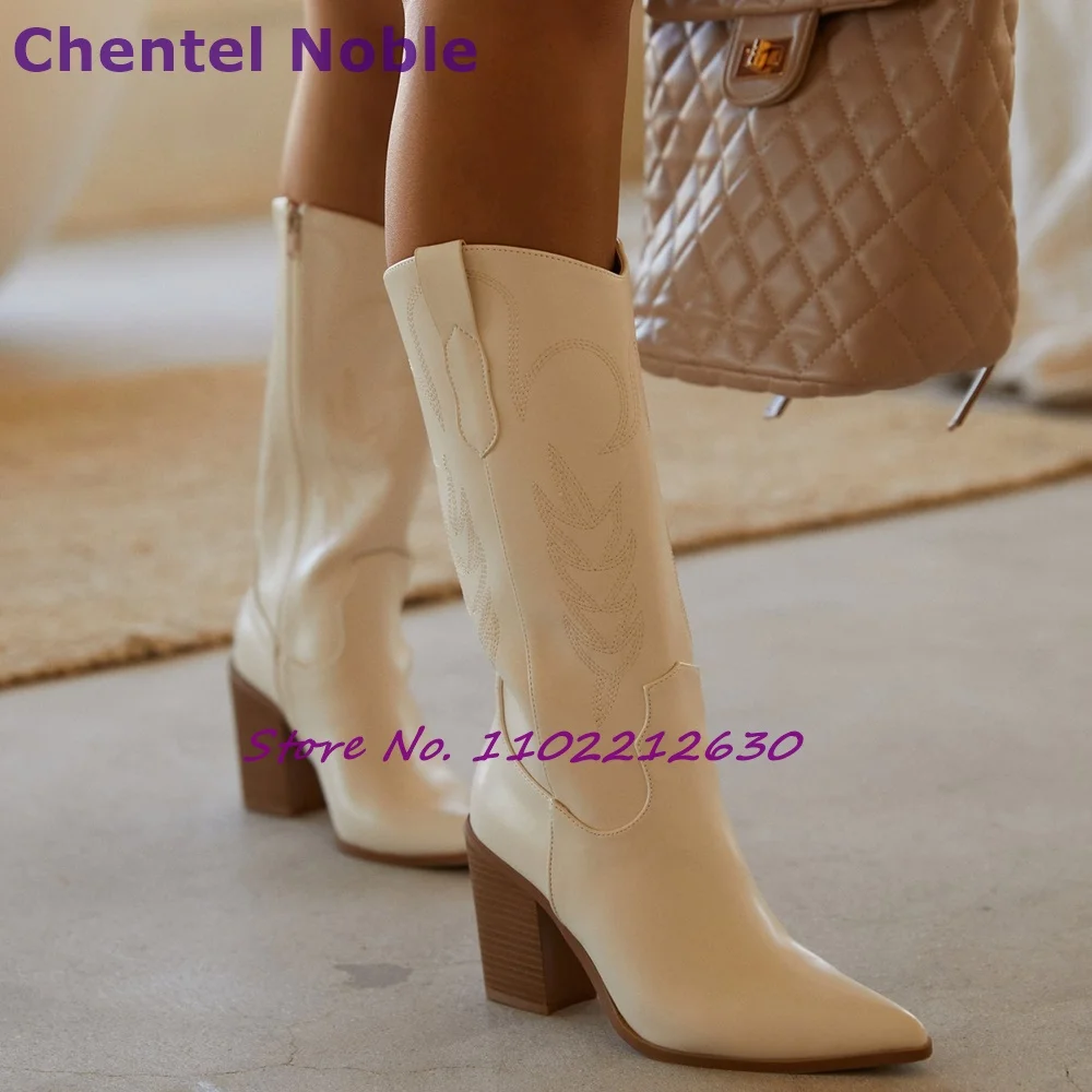 Mirror Boots Square High Heels Pointy Toe Embroidery Mid Calf Boots Newest Fashion Comfortable Solid Women Shoes Leisure Party