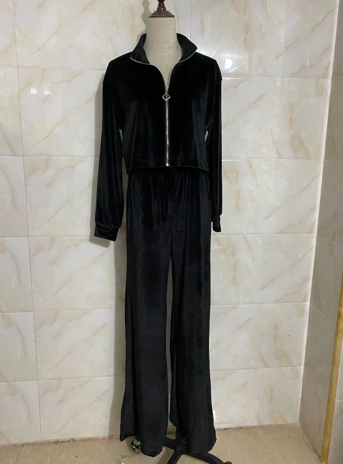 Casual Women Two-Piece 2023 Winter New Solid Long Sleeve Zipper Lapel Coat Elastic Splicing Waist Wide Leg Pants Velvet Set