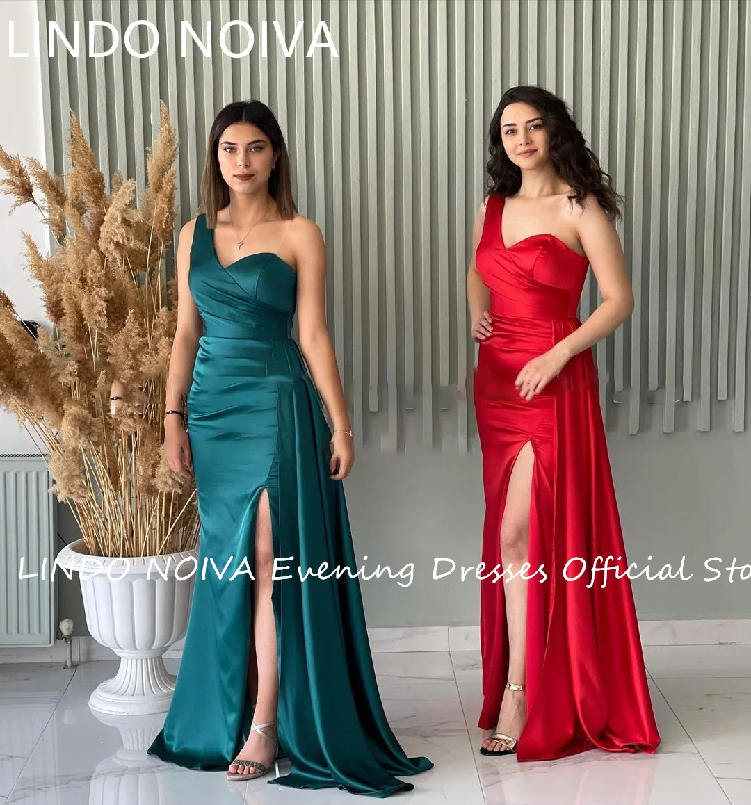 

Teal Red Satin Mermaid Bridesmaid Dresses Long Pleated One Shoulder Formal Evening Dresses Women Slit Slide Prom Gown Abendkleid