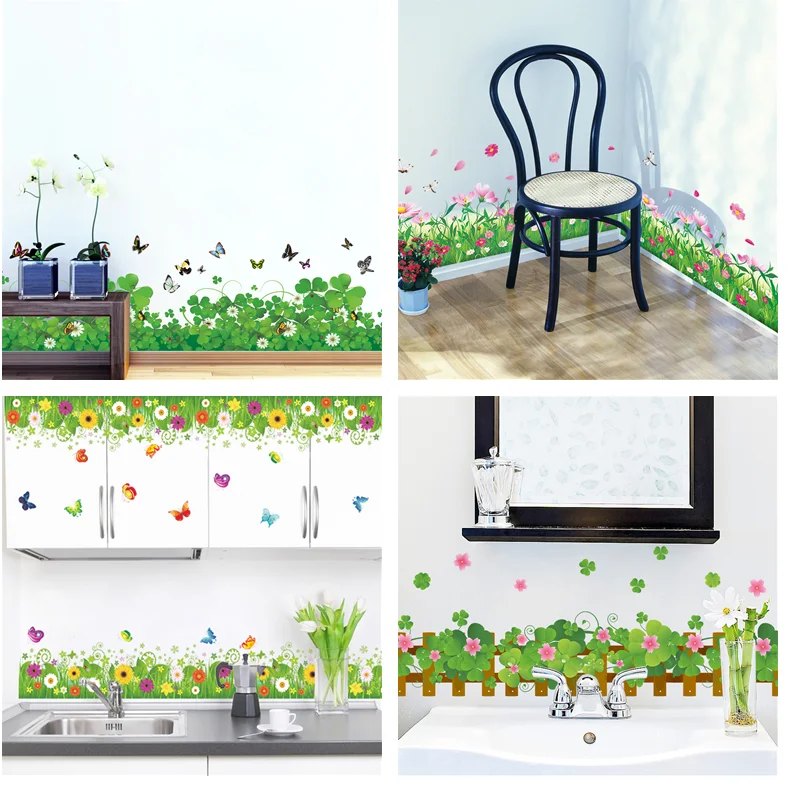 Dream flowers green grass butterfly footboard skirting wall stickers living room bedroom decorative mural art DIY stickers