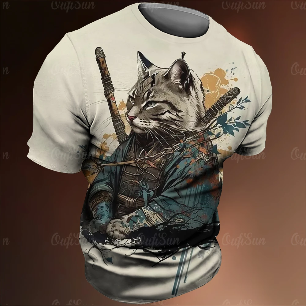 

3D Samurai Cat Graphic T Shirts Cool Classic Art Style Men's and Women's Printing Tees Fashion O-neck Short Sleeve Loose Tops