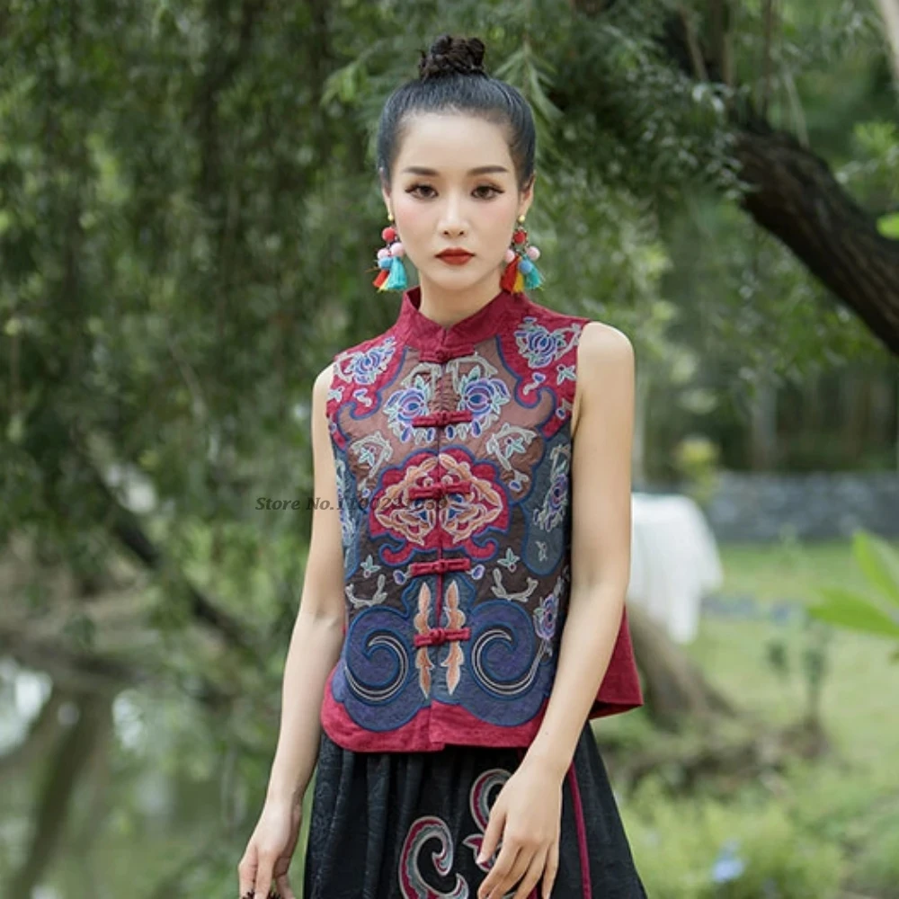 chinese vintage vest national flower embroidery improved vest tang suit oriental ethnic sleeveless jacket stand collar