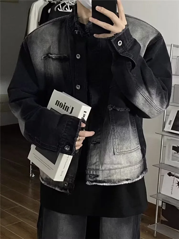 Niche Washed Raw Edge Denim Jacket Men's Gradient Color Trendy Retro Short Loose Coats Youth American Broad Shoulder Streetwear