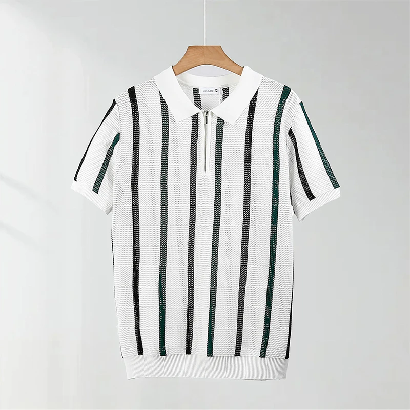 Stylish Mens Knitting Mesh Polo Shirts 2025 Summer Casual Hollow Out Knitted Polo Shirt Men Vintage Striped Lapel Zipper Polos 12 Se6f729e1c4a64735a1e00fd1a7520873K