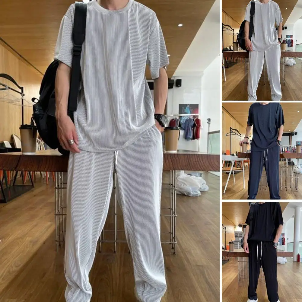 

2022 Summer Tracksuit Sets Men Outfit Solid Ice Silk Draped Short Sleeve Tops Long Pant Loose Tracksuit Casual Suits ropa hombre