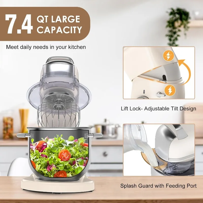 7.4QT Commercial Stand Mixer 800W with NSF Certified and Aluminum Die Casting, Kitchen Electric Mixer Metal Food Mixer Stainless 3