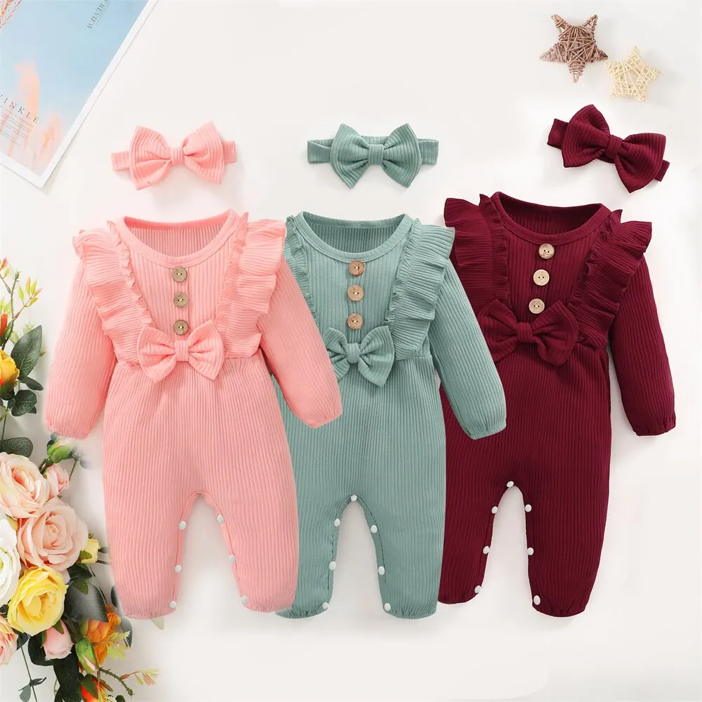 Neugeborenes Baby Stram pler Langarm Rüschen Body mit Stirnband Herbst & Winter Stram pler Outfit Kleidung für Baby 0-18 Monate