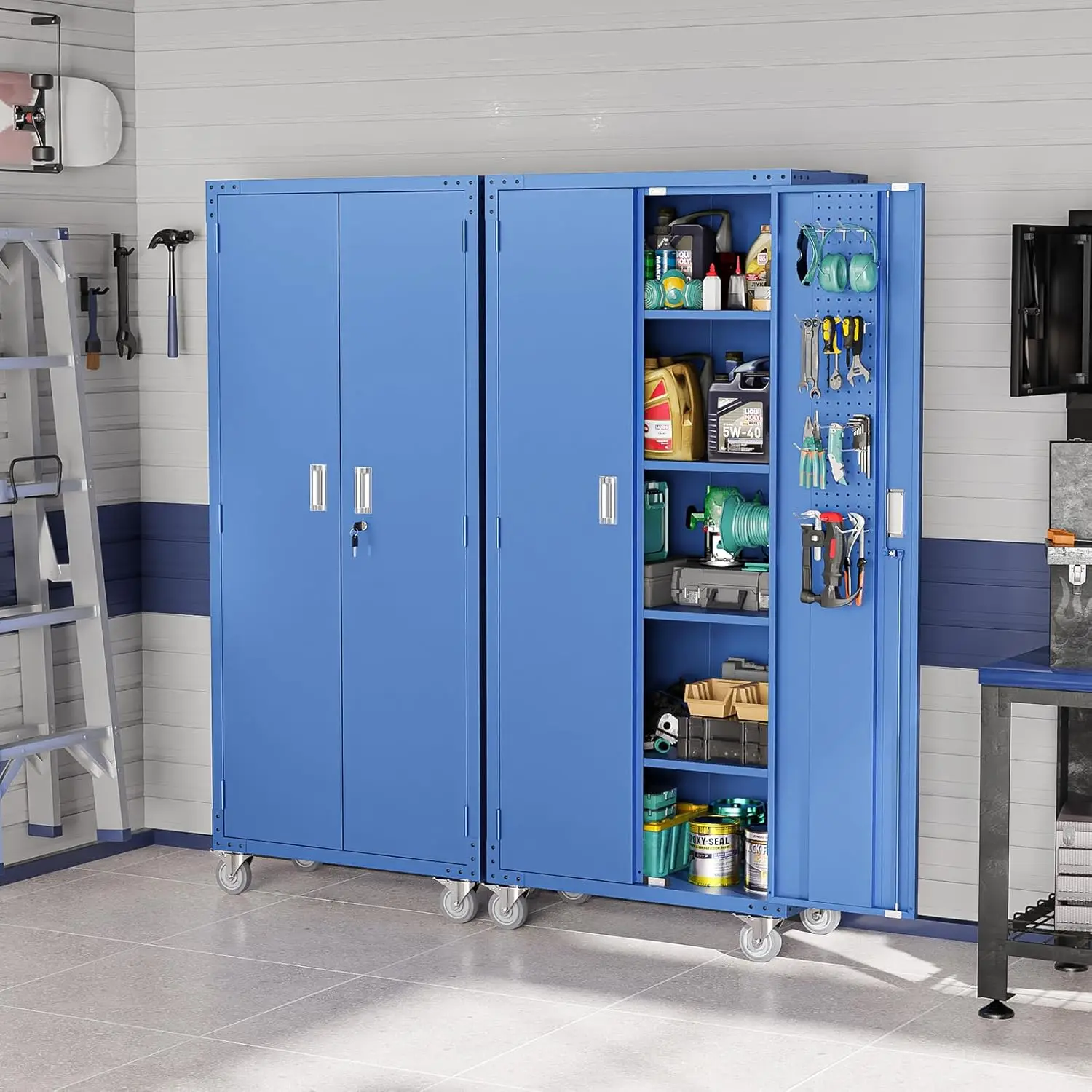 72'' Tall Metal Garage Storage Cabinet with Pegboards, Wheels, Locking Doors and Adjustable Shelves, File Cabinet/Tool Cabinet