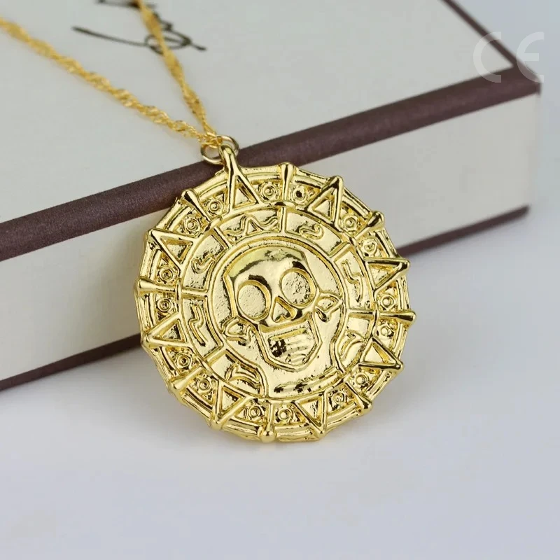 Pirates Of The Caribbean Skeleton Skull Pendant Gold/Bronze Plated Vintage Men Statement Necklace Gifts