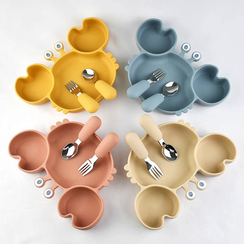 Silicone Dining Plate Silicone Meal Set Silicone Feeding Set Baby Tableware Set 3Pcs/Set Baby Safe Silicone Dining Plate Food Feeding Spoon Fork Cartoon Children Dishes Prevent Tipping Over BPA Free