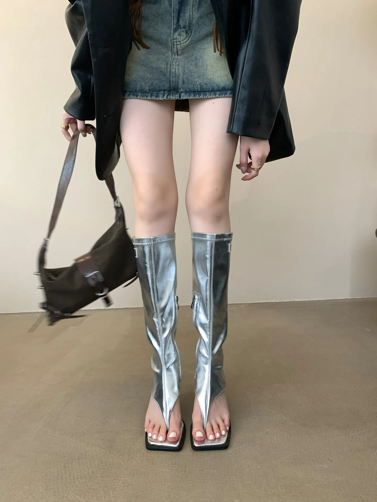 Aneikeh 2025 Sexy PU Square Head Clip Toe Sandals Boots Women's Thin Heel Side Zipper Sewing Chelsea Knee High Boots Party Ball