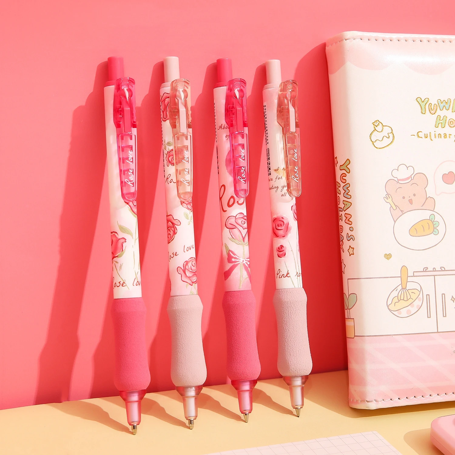 4pcs Rose Love Mechanical Pencil Set Pink Romantic Press Type 0.5mm Refills Office School Student A7422 3