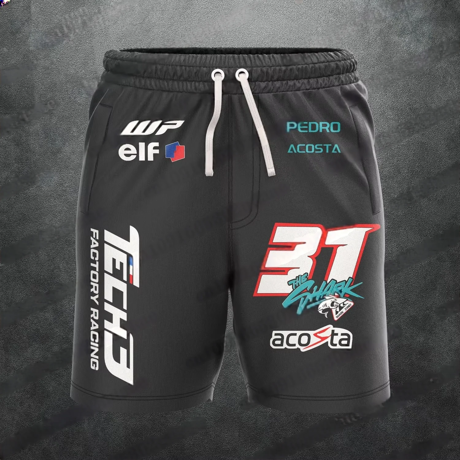 Men’s quick-dry racing fan shorts with No. 31 Acosta print, styled outdoors with helmet and motorcycle gear black