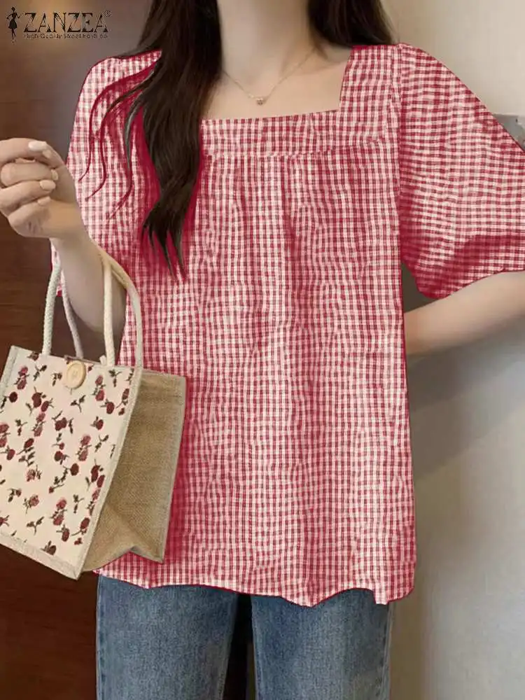 

Женская Повседневная клетчатая блузка ZANZEA, летняя рубашка с пышными короткими рукавами, Корейская плиссированная туника с квадратным вырезом, модные праздничные свободные топы, 2024