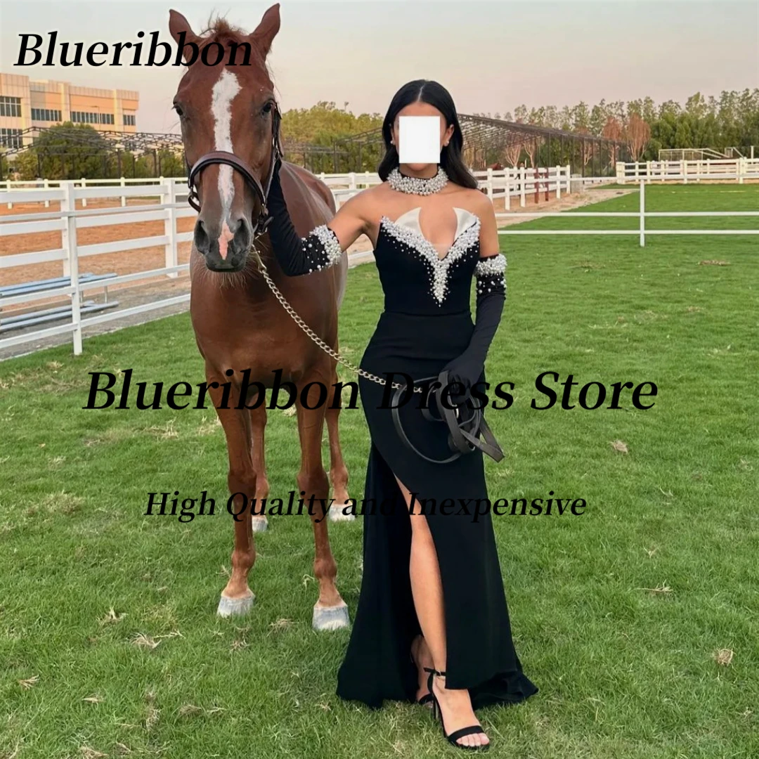 

Blueribbon Sexy Side Slit Cocktail Party Women Wear Long Prom Dresses Sweetheart Beaded Gloves Formal Evening Gowns