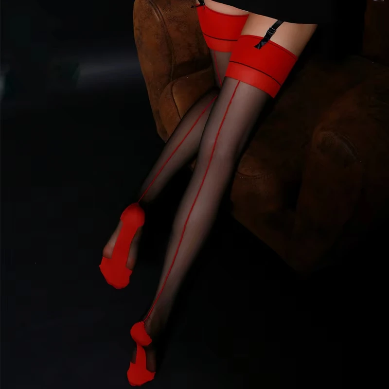 Vintage Cuban Heel Back Seam Thigh High Stockings Oil Shiny Ultra Thin Transparent Silk Hosiery Women Sexy Patchwork Lingerie