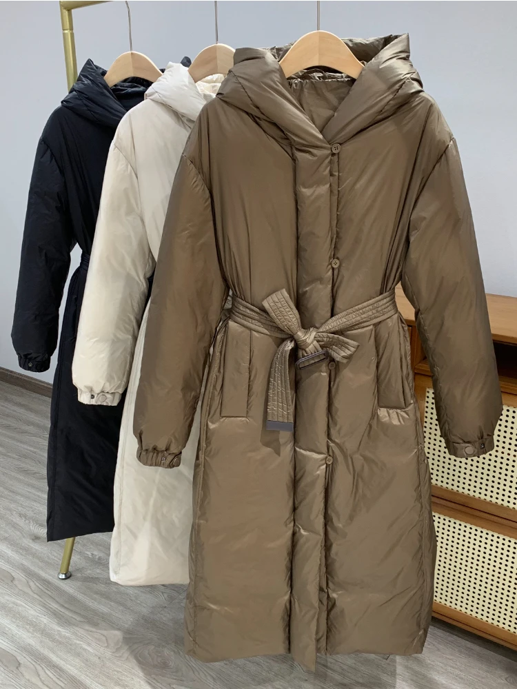 

LY VAREY LIN New Autumn Winter Thick Warm Long Down Jacket Women Fashion Hooded Zipper 90% White Duck Down Coat Snow Parkas