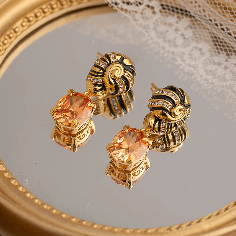 Light luxury medieval vintage court style zircon earrings for women