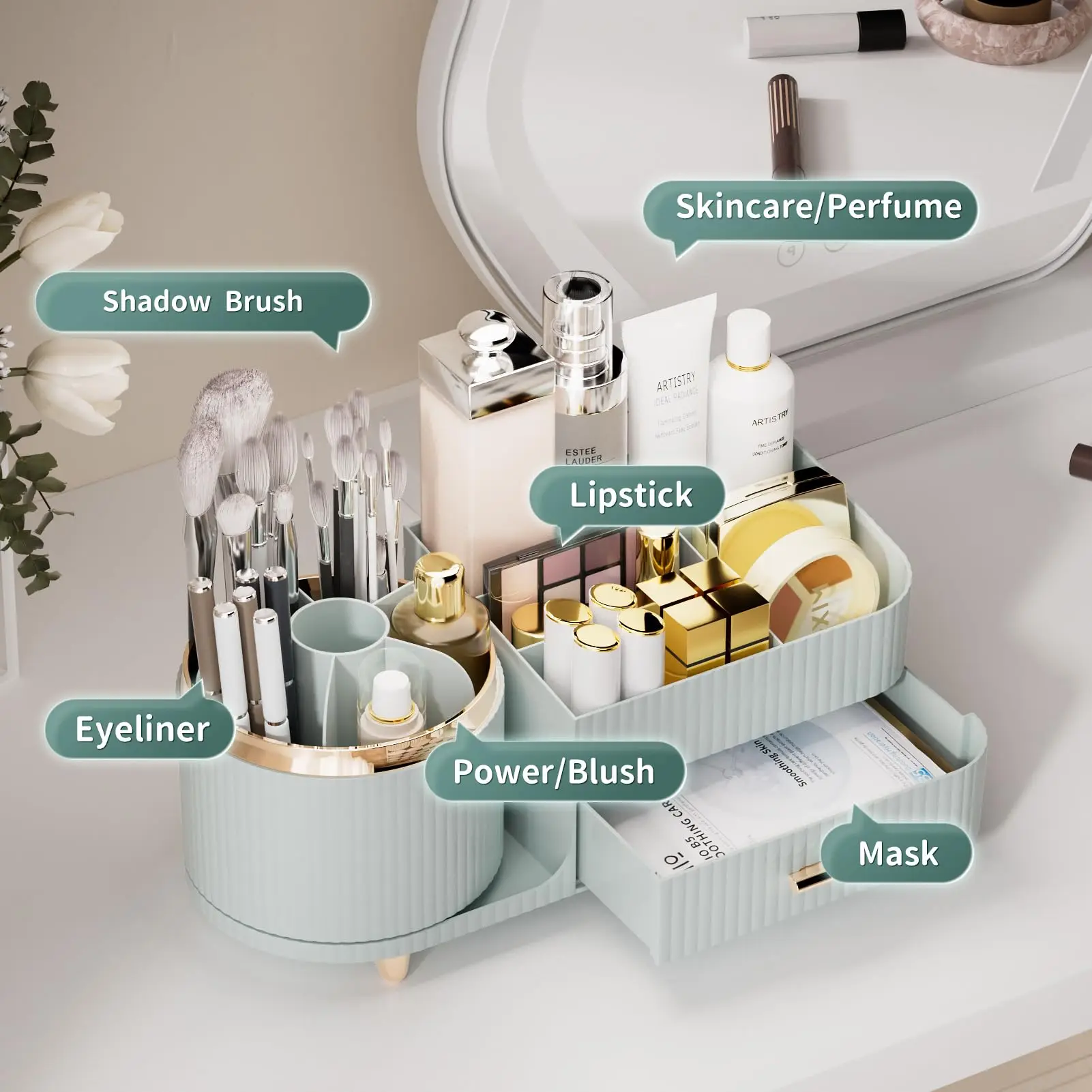 Makeup Organizer Countertop with Drawers 360 Rotating Makeup Brush Holder Large Capacity Skincare Organizer for Vanity Desk 2