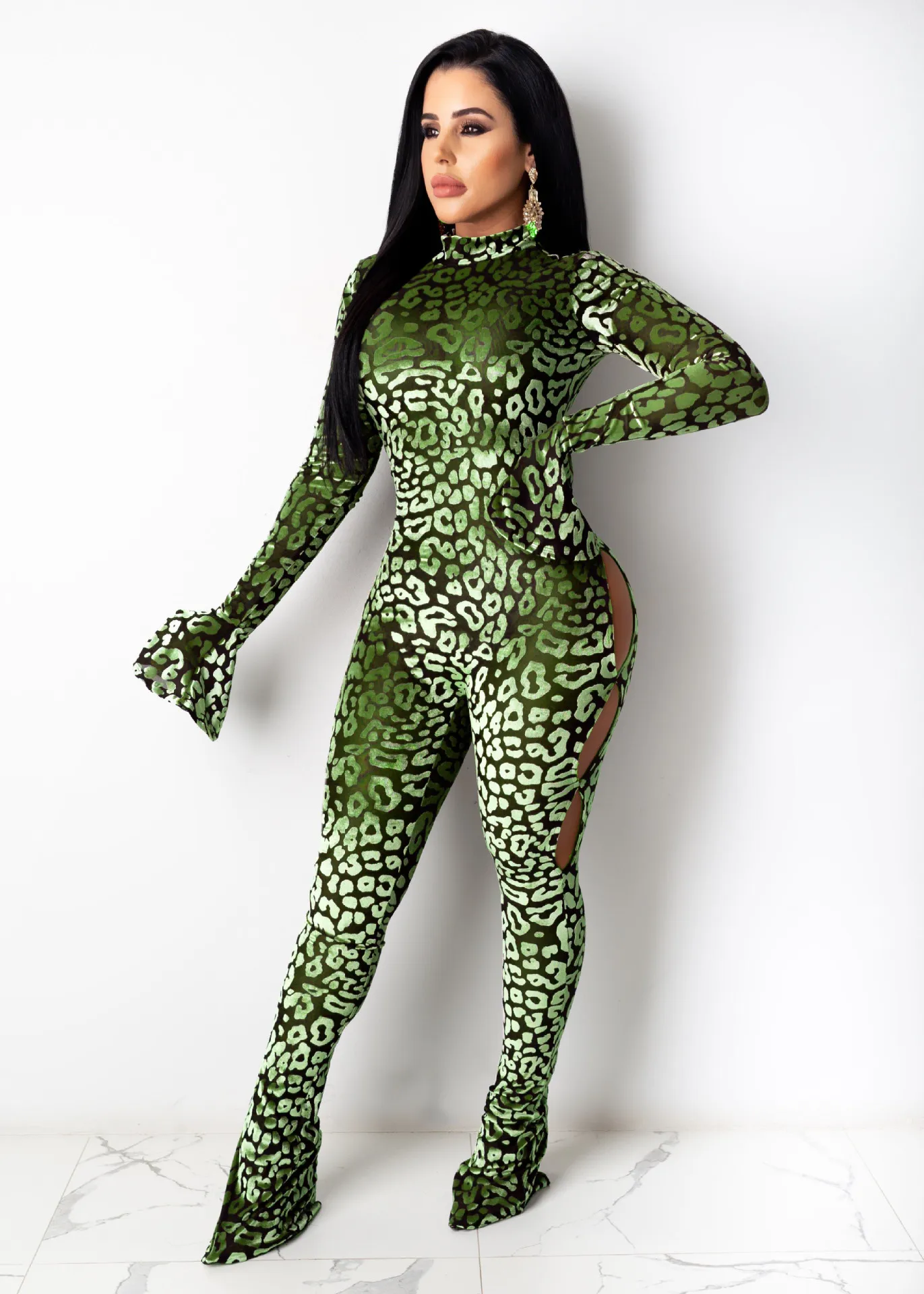 BKLD New Women Clothing Long Pants One Pieces Fashion Leopard Printed Sexy Hollow Out Long Sleeve Jumpsuit Party Clubwear