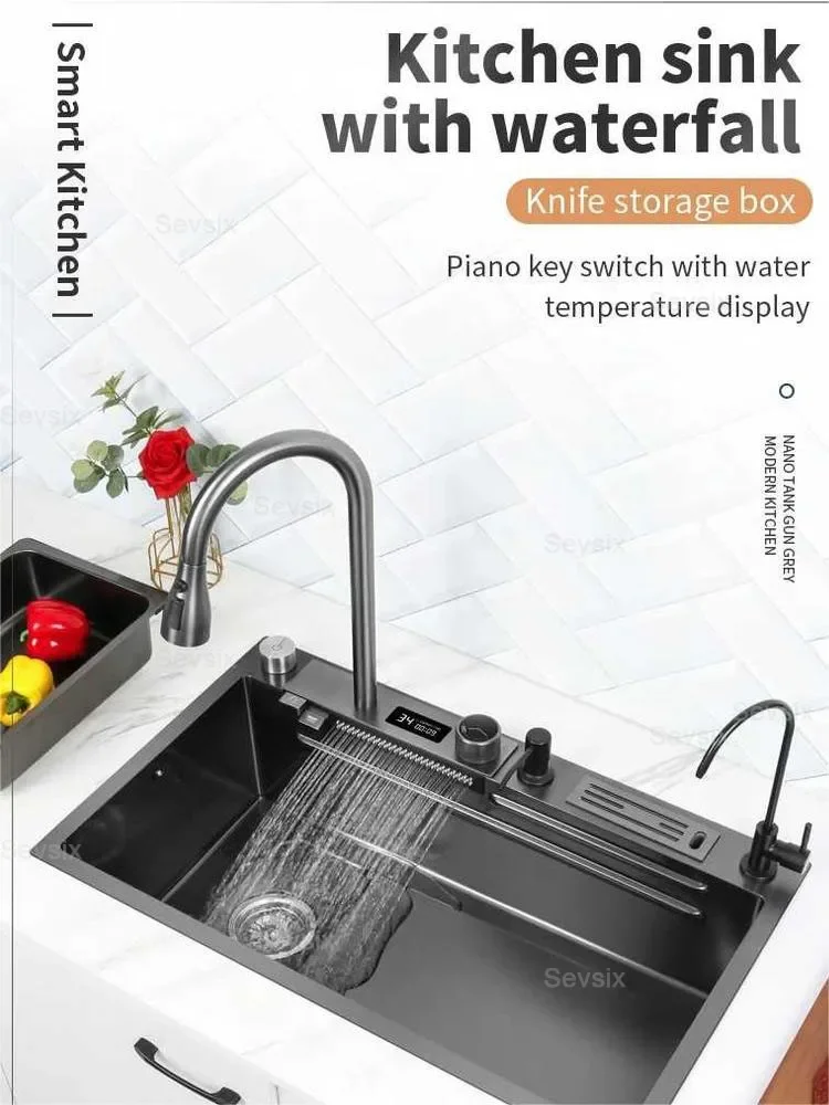 Description Picture 3 of item304 stainless steel kitchen waterfall sink digital display large single sink dish basin sink with multifunction touch waterfall