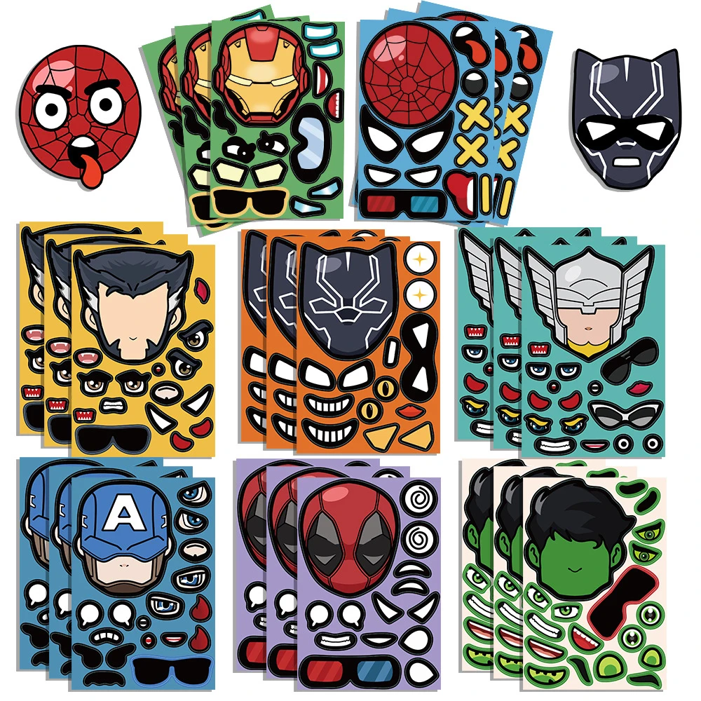 8/16Sheets Disney Marvel The Avengers Puzzle Sticker Anime Super Hero Make a Face Decal Kids Assemble Jigsaw Children Party Game disney avengers ears headband kids carnival marvel headwear for girl peter parker hairbands baby bow sequins hairband party gift