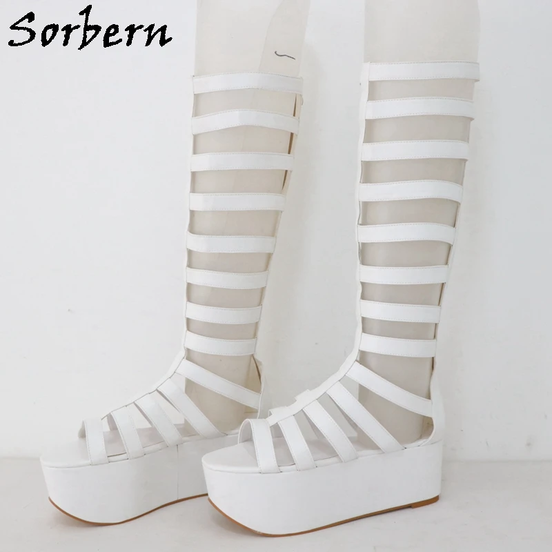 

Sorbern White Matte Knee High Boots Women Summer Style Gladiator Flatform Back Zipper Shoes Custom Calf Girth Plus Size 33-48