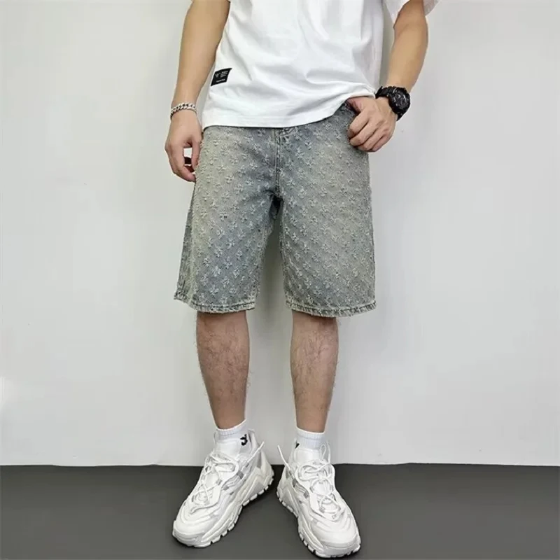 Fashion Casual Summer Light Blue Distressed Men Denim Shorts Smart Straight Leg Loosen Male High Street Niche Design Tide Shorts
