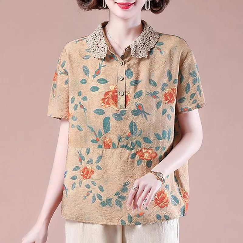 

2023 New Summer Fashion Trend Commuting Minimalist Printed Lapel Panel Lace Oversized Casual Loose Fitting Women's Shirt