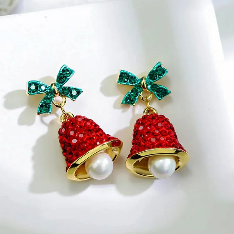 New Year Christmas Snowflake Bell Stud Earrings For Women Girls Xmas Tree Bowknot Tassel Dangle Asymmetry Earring Jewelry Gift