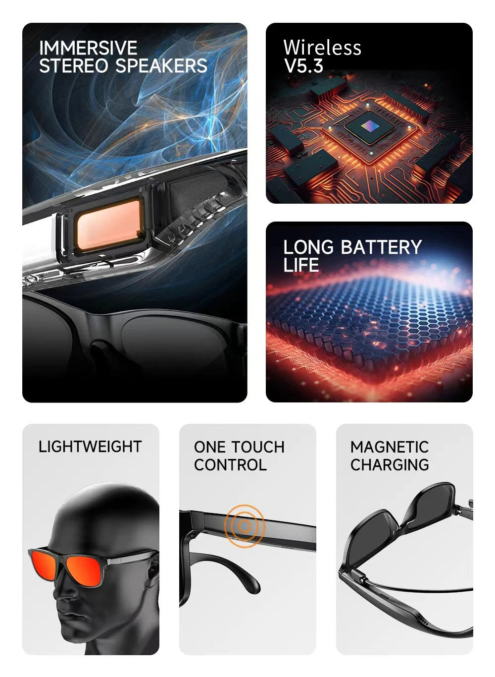 Lunettes intelligentes | Appels vocaux, musique, contrôle tactile et protection des yeux