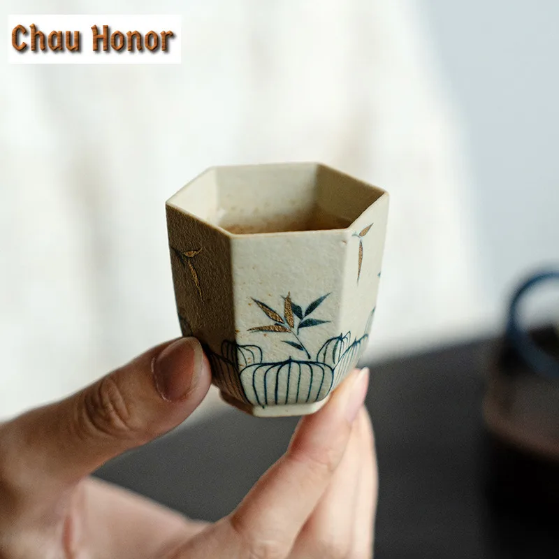 55ml Handmade Gold Drawing Bamboo Shadow Teacup Blue And White Flint Red Personal Master Cup Hexagonal Meditation Cup Drinkware
