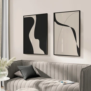 Stampa artistica minimalista astratta Disegno a tratteggio Poster Beige e nero Pittura su tela Immagine moderna della parete Decorazione del soggiorno