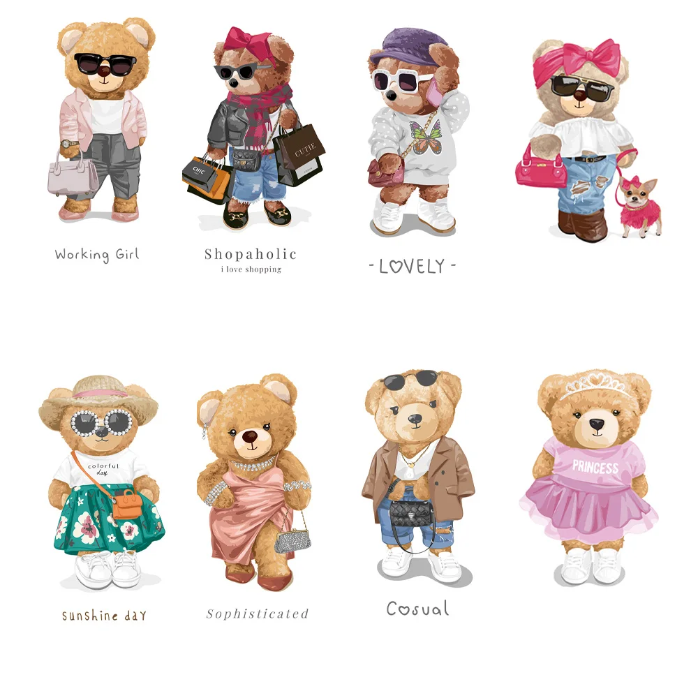8piece Trendy Cartoon Bear on transfer for clothing DIY ladies transfers ready to press Heat Transfer Printing dtf heat transfer