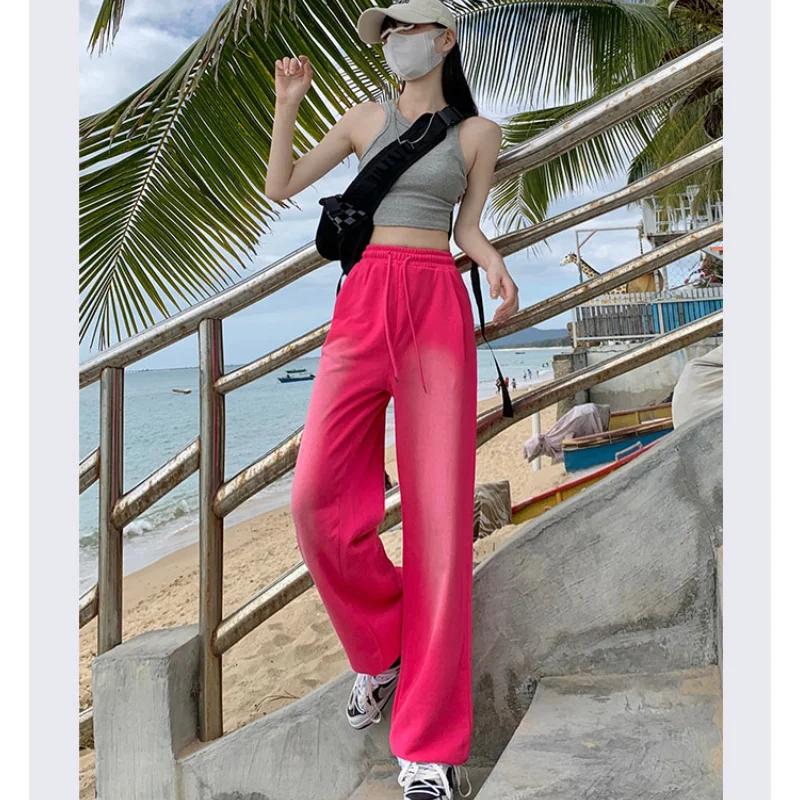 

Женские брюки, винтажные розово-красные повседневные брюки с высокой талией, прямые брюки с широкими штанинами, модные уличные мешковатые брюки для ног для женщин