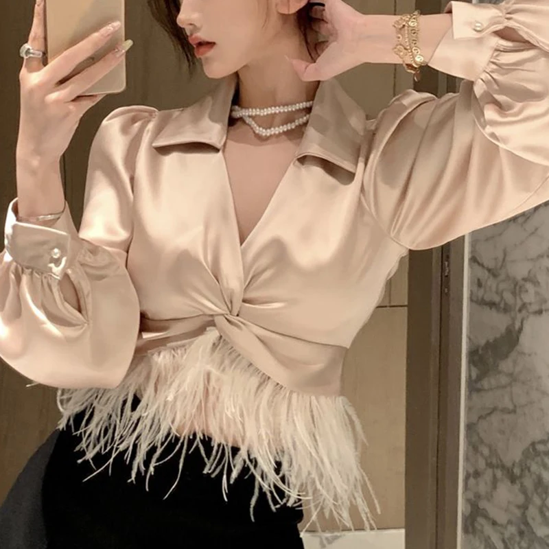 

Spring Autumn Elegant Fashion V-neck Feather Tassel Shirt Female Long Sleeve Folds Satin Blouse Women Temperament Pullover Top