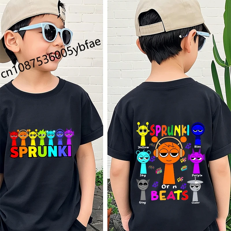 Cartoon Sprunki character printed kids T-shirt pure cotton short-sleeved black cartoon top for boys 3