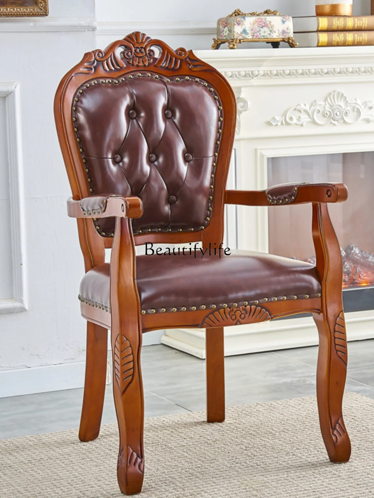 

American-Style Home Solid Wood Chair High-End Leather Backrest Soft Pillow Comfortable Retro Carved European-Style Chair
