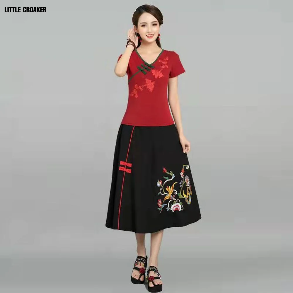 Cotton Linen Traditional Chinese Vintage Cheongsam Tops Embroidery Women O-neck Loose Style Clothing Retro Skirt Outfits