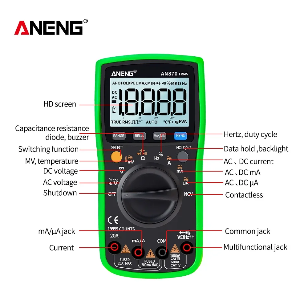 ANENG AN870 Digital Multimeter 19999 Counts profissional transistor electrical tester 600v multi volt esrmeter lead set