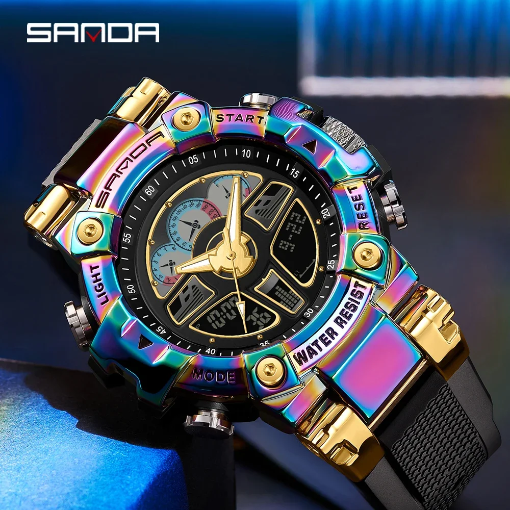 SANDA Men's Watches Sports Outdoor Waterproof Military Watch Multi Function Tactics LED Alarm Stopwatch Color Quartz Wristwatch