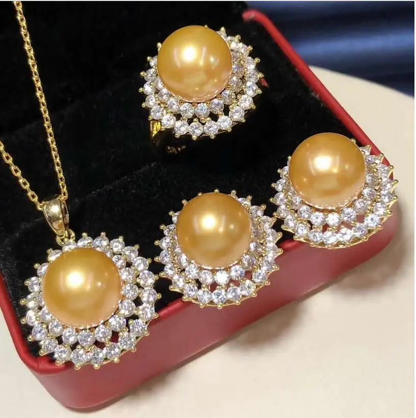Gorgeous AAAA 9-10mm South China Sea Gold Earrings Pearl Pendant Earrings and Ring Set 925S-