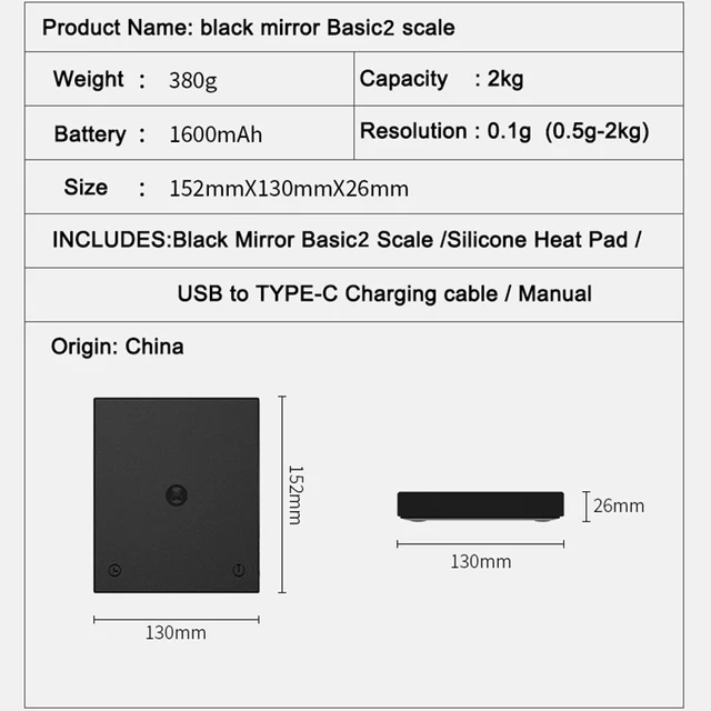 TIMEMORE Basic 2 Black Mirror Pour Over Coffee Scale flow rate display Auto Timer digit Kitchen Food scale espresso 0.1g/2kg 2