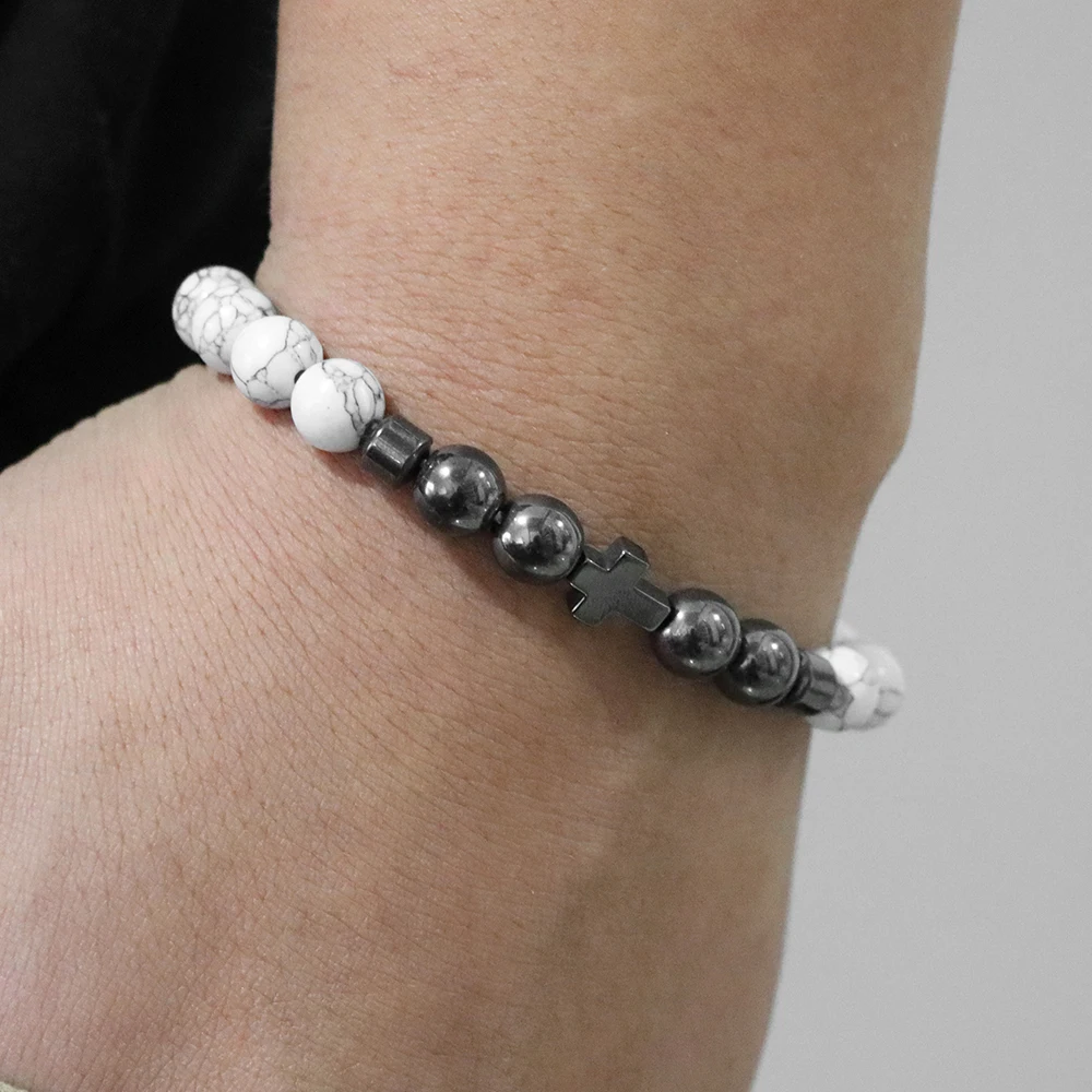Hematite Stone Bracelets with Cross Pendant for Men Women 8mm