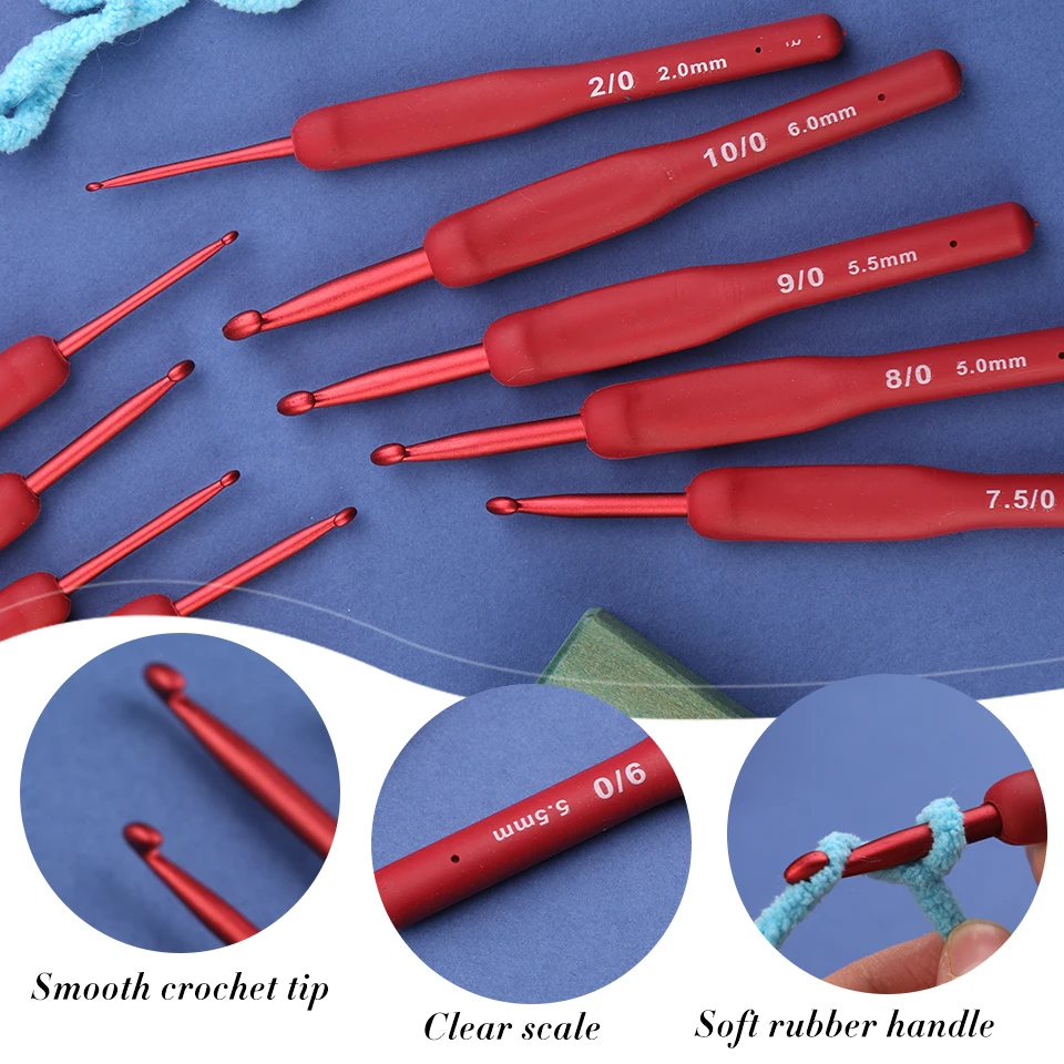 9Pcs Red Crochet Hooks Set with Silicone Handle Knitting Needles Tools with Pink PU Bag Size 2.0mm To 6.0mm