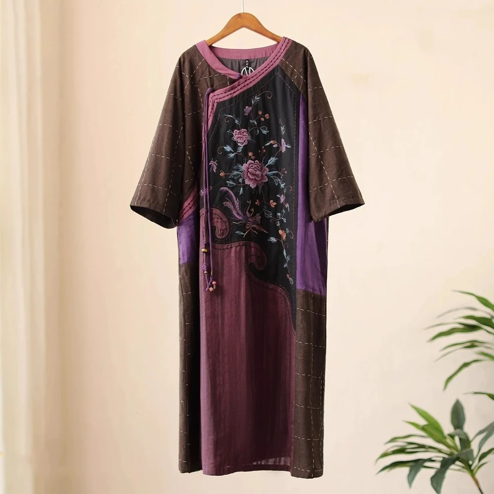 

Luxury spring dress Brown cotton linen V-neck casual long dresses Vintage embroidery Patchwork loose robe Wrist Women's dress