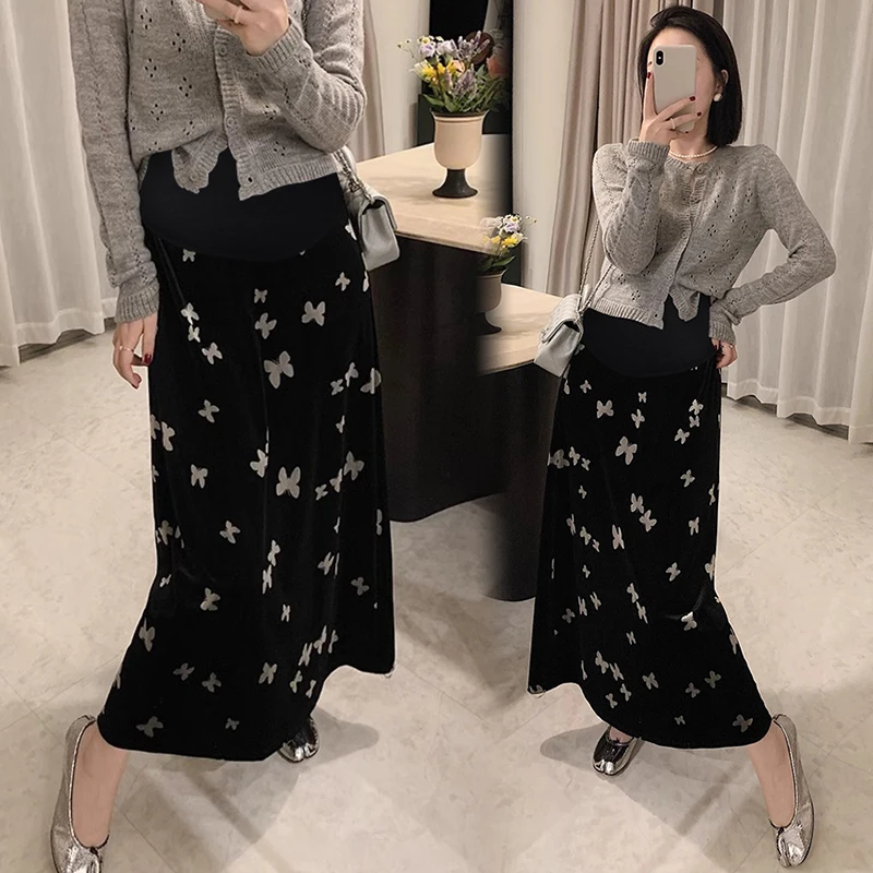french style maternity autumn winter skirt vintage pregnant woman straight skirts with butterfly black pregnancy velour skirts