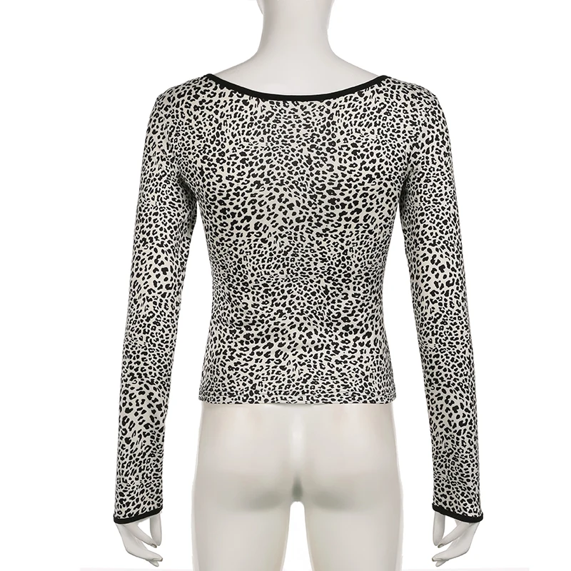 Camiseta Y2K con cuello redondo y estampado de leopardo para mujer, camiseta ajustada de manga larga para la calle, camiseta informal de moda de otoño, conjuntos vintage