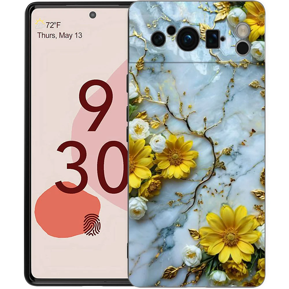 Elegant Flower Marble Design Shockproof Phone Case - Soft TPU Black Cover